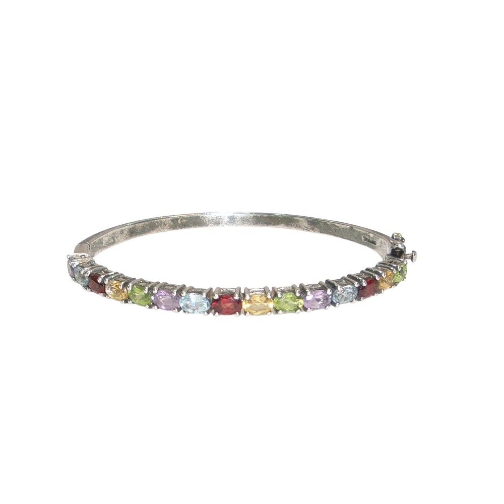 Sterling Silver 925 Oval Multi Gemstone Rainbow Hinged Bracelet 7.25"